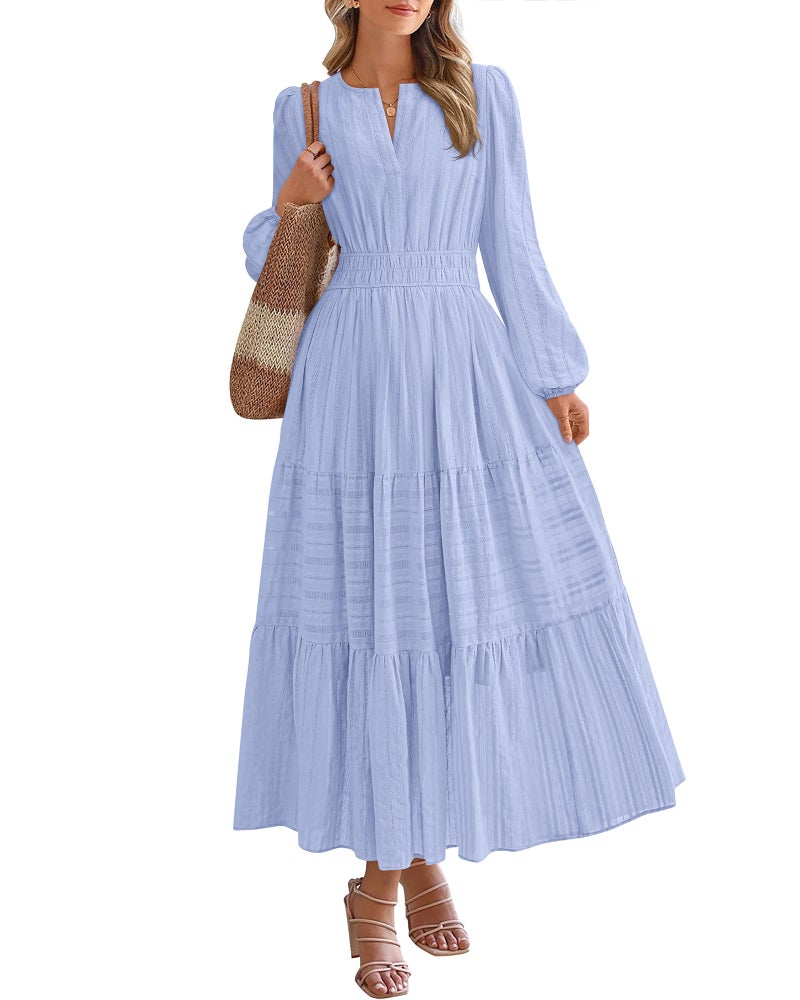 BTFBM Spring Dresses for Women 2026 Casual Long Sleeve V Neck Elastic Waist Lightweight Maxi Wedding Guest Dress Pockets(Light Blue, Medium) - Image 1