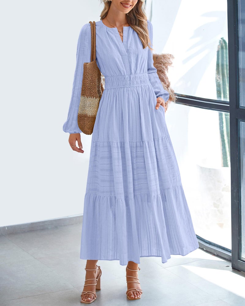 BTFBM Spring Dresses for Women 2026 Casual Long Sleeve V Neck Elastic Waist Lightweight Maxi Wedding Guest Dress Pockets(Light Blue, Medium) - Image 2
