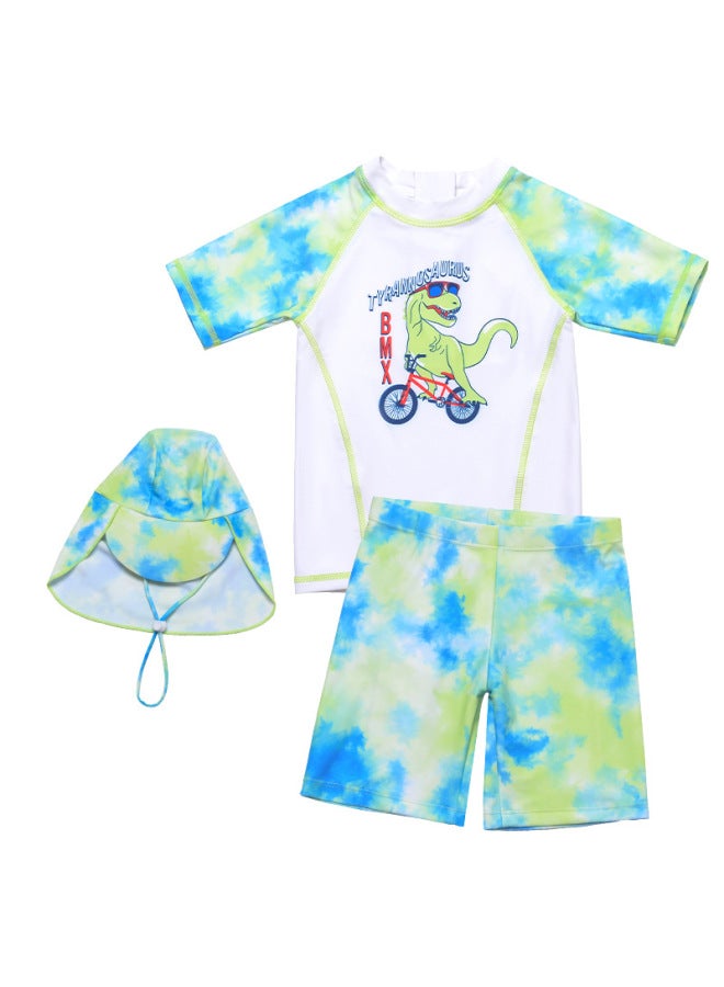 New Boys Short-sleeved Shorts Sunscreen Breathable Cartoon Dinosaur Bicycle Split Colorful Swimsuit Three-piece Set