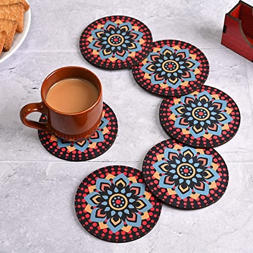 Gift Kya De GKD Coaster Set of 6 Beautiful Wooden Coasters with Proper Coaster Stand | Designer Coaster Set Fit for Tea Cups, Coffee Mugs and Glasses (Round and Designer 3.5 X 3.5 Inch) (Black) - Image 1