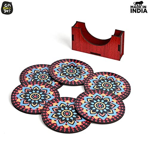 Gift Kya De GKD Coaster Set of 6 Beautiful Wooden Coasters with Proper Coaster Stand | Designer Coaster Set Fit for Tea Cups, Coffee Mugs and Glasses (Round and Designer 3.5 X 3.5 Inch) (Black) - Image 3
