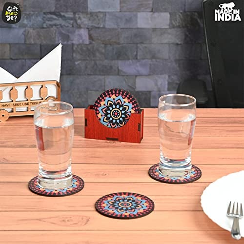 Gift Kya De GKD Coaster Set of 6 Beautiful Wooden Coasters with Proper Coaster Stand | Designer Coaster Set Fit for Tea Cups, Coffee Mugs and Glasses (Round and Designer 3.5 X 3.5 Inch) (Black) - Image 5