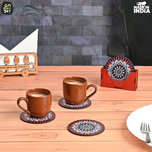Gift Kya De GKD Coaster Set of 6 Beautiful Wooden Coasters with Proper Coaster Stand | Designer Coaster Set Fit for Tea Cups, Coffee Mugs and Glasses (Round and Designer 3.5 X 3.5 Inch) (Black) - Image 2