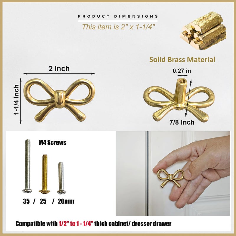 YEMCHI 4 Pack Solid Brass Bow Drawer Knobs, Gold Bow Knobs for Kitchen Cabinet Hardware, Vintage Vanity Dresser Pulls, Nursery Kids Bedroom Creative Tie Decorative Handles (Brass Bow) - Image 2