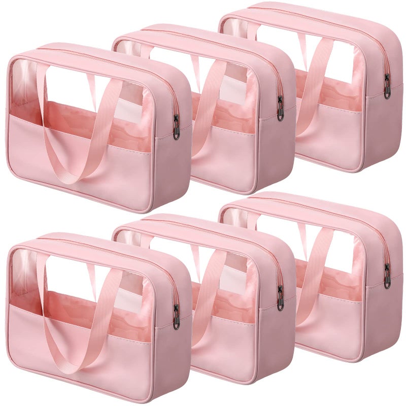 Reginary 6 Pcs Large Clear Makeup Bags PU Organizer with Zipper Handle Strap 11.8 x 8.3 x 3.9 Inch Portable Toiletry Cosmetic Bag Thick Transparent for Travel Vacation(Pink)