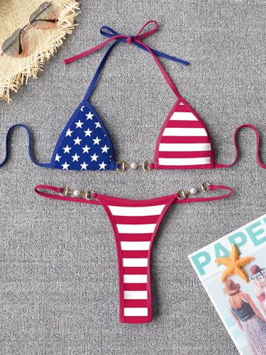 TASHEHE Women's Triangle Thong Bikini Set Sexy String Brazillian Two Piece Swimsuit Cute Bikini Bathing Suit - Flag / 4th of July - Small - Image 5
