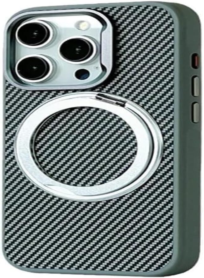 Next Next Store Compatible with iPhone 15 Pro Max Case, with 360° Rotatable Magnetic Stand, Carbon Fiber Metal Camera Frame Hollow Out Design, Support Magnetic Charging, Anti-Scratch, Shockproof(Grey)