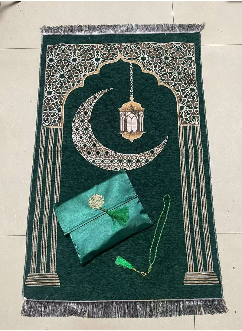 Generic Muslim Prayer Rug with Tasbih and Portable Bag/ New Moon Pattern/ Muslim Gift for Women Men, Mubarak Islamic Box, Soft Mat Islam Gifts Set( Emerald)/ 110*70cm  - Image 2