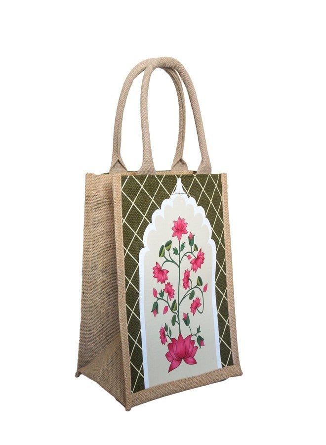 Jute Cottage Eco-Friendly Pichwai Lotus Jharokha Jute Lunch Bag for Men, Women | Handcrafted Reusable Office Tiffin Bag | Stylish Lunchbox Bag Ethnic Tote | Multipurpose Carry Bag | (Green) - Image 1