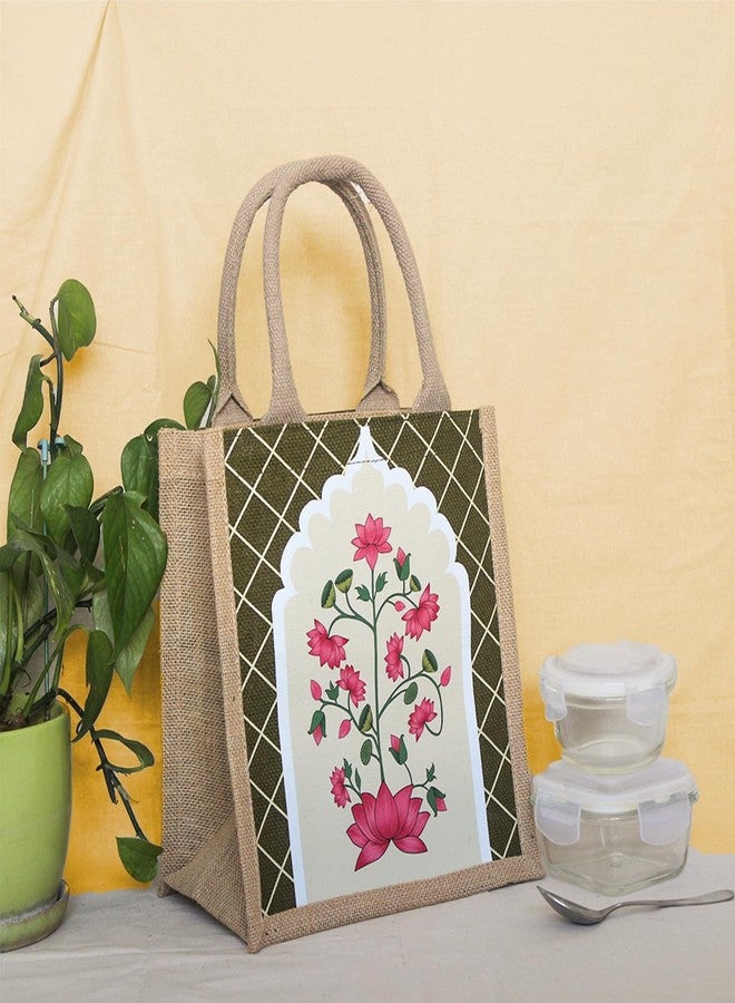 Jute Cottage Eco-Friendly Pichwai Lotus Jharokha Jute Lunch Bag for Men, Women | Handcrafted Reusable Office Tiffin Bag | Stylish Lunchbox Bag Ethnic Tote | Multipurpose Carry Bag | (Green) - Image 3