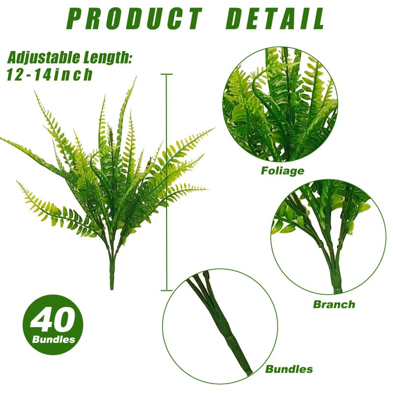 Coreland 40 Pcs Artificial Boston Fake Fern Plants Bushes Faux Plants Shrubs Greenery UV Resistant for House Office Garden Indoor Outdoor DÃ©cor - Image 2