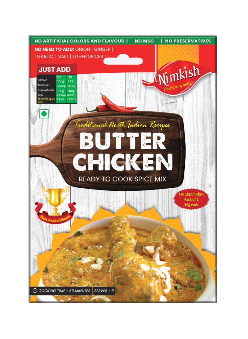 NIMKISH Nimkish Butter Chicken Masala 60g (Pack of 2, 30g each), Ready to Cook Spice Mix, Tasty Authentic Meals  - Image 1