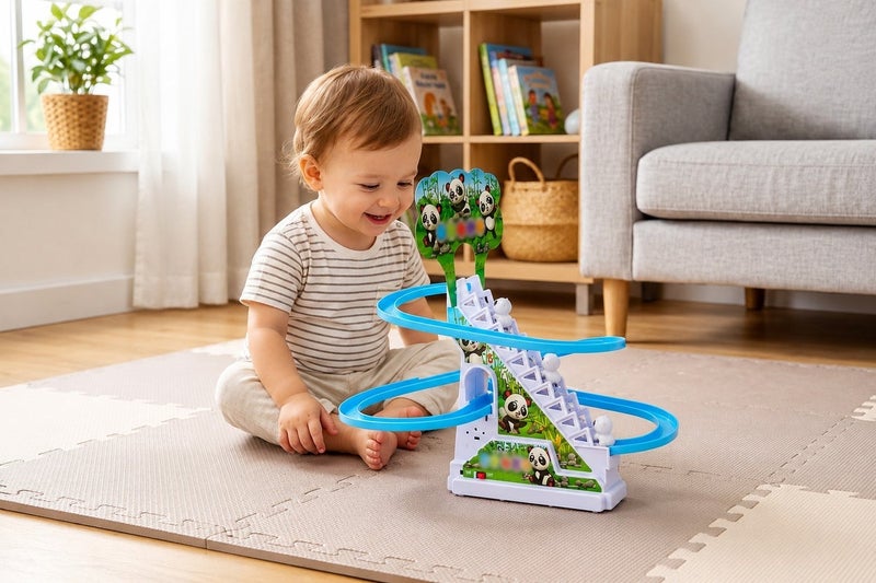 O2. Panda Climbing Ladder Toy – Panda Slide Escalator Track with Music & LED Lights – Battery Operated Interactive Panda Track Toy with 3 Pandas for Kids - Image 2