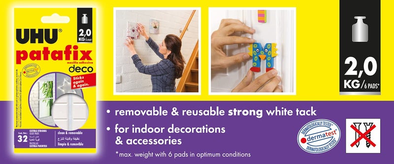UHU Patafix Home Deco, Strong, Removable And Reusable Adhesive Pads, Repositionable And Precut Tack, 32 Pads, No Nails No Damage - Image 2