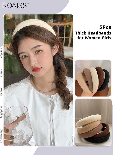 5Pcs Thick Headbands for Women Girls, Non Slip Vintage Padded Velvet Headband Wide Soft Hair Hoop Puffy Sponge Multicolour Hair Accessories Set