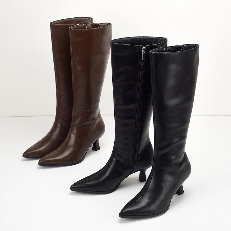 Women's PU Leather Pointed Toe High Heel Knee High Boots - Image 1