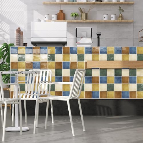 DEWOO Colorful Peel and Stick Backsplash Tiles Kitchen Bathroom Square Self Adhesive Wall Tile Checkerboard Checkered Stickers,Multicolor (10-Sheet, 12"×12") - Image 5