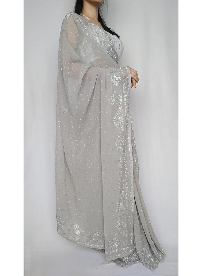 Timeless Elegance: Exquisite Women's Georgette Saree Adorned with a Luxurious Silver Siroski Floral Border & Unstitched White Sequin Blouse for a Glamorous Look - Image 3
