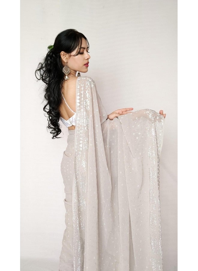 Timeless Elegance: Exquisite Women's Georgette Saree Adorned with a Luxurious Silver Siroski Floral Border & Unstitched White Sequin Blouse for a Glamorous Look - Image 5