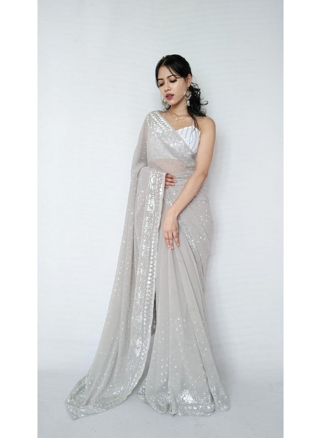 Timeless Elegance: Exquisite Women's Georgette Saree Adorned with a Luxurious Silver Siroski Floral Border & Unstitched White Sequin Blouse for a Glamorous Look - Image 2