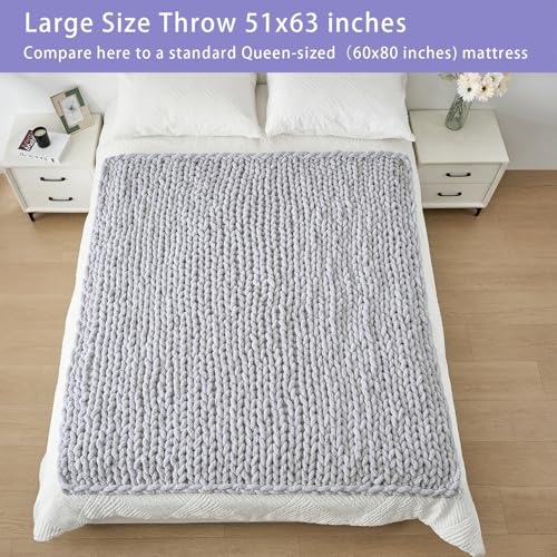 Bigacogo Chunky Knit Throw Blanket for Couch, 51x63 inches, 100% Hand Knitted with Thick Jumbo Chenille Yarn, Cozy Soft Large Rope Knot Cable Crochet Blankets for Sofa Bed Living Room, Light Grey - Image 5
