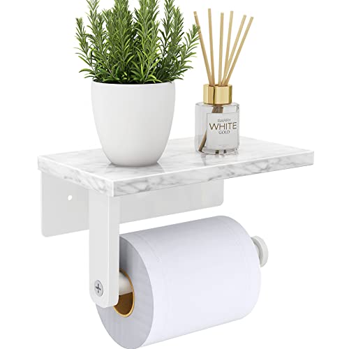 Gypie Toilet Paper Holder with Natural Marble Shelf, 304 Stainless Steel Screw Wall Mounted, Tissue Roll Paper Holder Dispenser for Bathroom Washroom White - Image 1