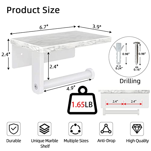 Gypie Toilet Paper Holder with Natural Marble Shelf, 304 Stainless Steel Screw Wall Mounted, Tissue Roll Paper Holder Dispenser for Bathroom Washroom White - Image 4