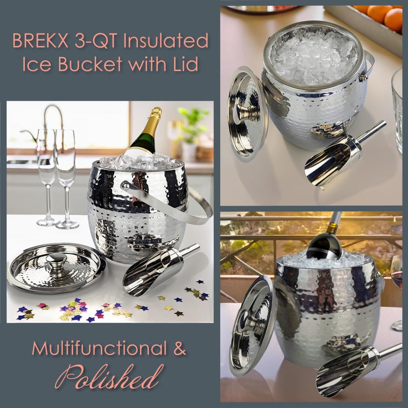 BREKX دلو ثلج معزول سعة 3QT لحفلات مع غطاء ومغرفة - دلو نبيذ مبرد مثبت على الجليد لدور الكوكتيل، دلو معدني مع غطاء، لا يتعرق - Image 4