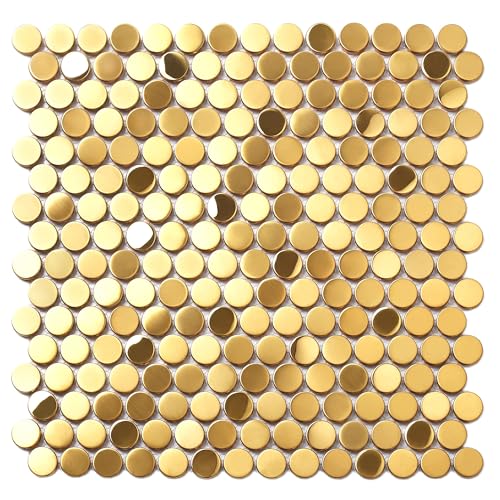 Blujellyfish Gold Backsplash Tile Penny Round Mosaics 3/4" Golden Stainless Steel Tiles for Wall Backsplash Shower Floor (Box of 5 Sheets) - Image 1