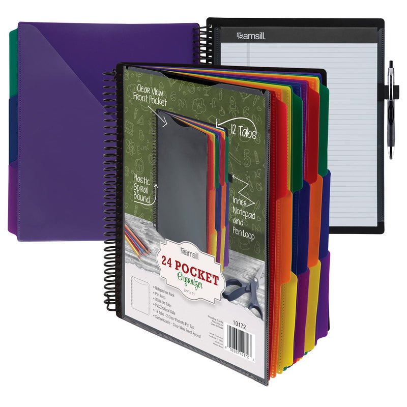 Samsill Deluxe 24 Pocket Spiral Project Organizer with 12 Dividers, Refillable Notepad, Customizable Front Cover, Erasable Write On Tabs in Assorted Colors, Plastic Folders with Pockets - Image 1