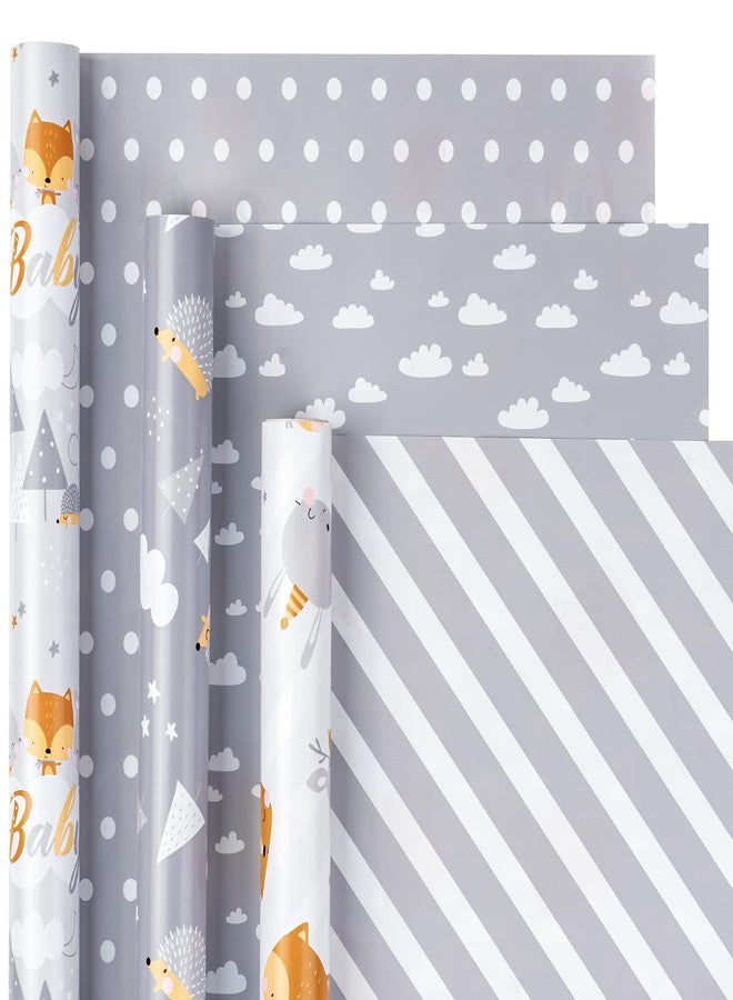 WRAPAHOLIC Reversible Baby Shower Wrapping Paper Roll - Mini Roll - 3 Rolls - 17 Inch X 120 Inch Per Roll - Cute Hedgehog, Animals & Baby Lettering - Image 2