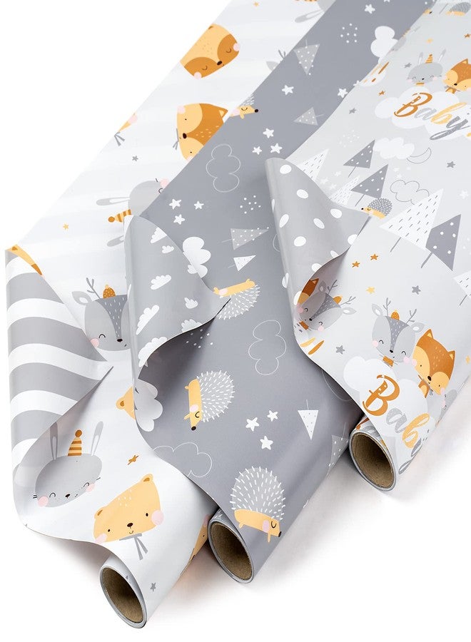WRAPAHOLIC Reversible Baby Shower Wrapping Paper Roll - Mini Roll - 3 Rolls - 17 Inch X 120 Inch Per Roll - Cute Hedgehog, Animals & Baby Lettering - Image 1