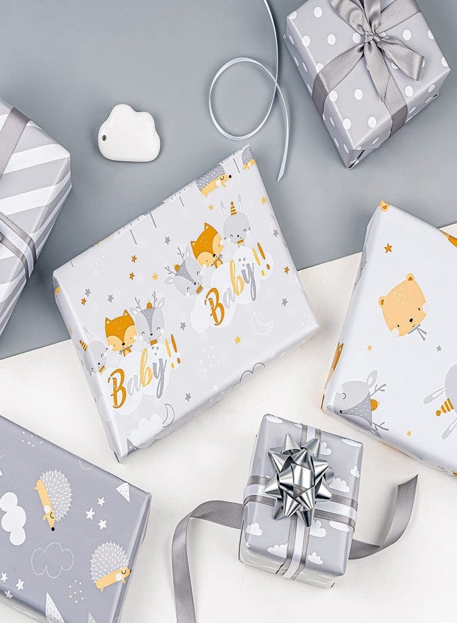 WRAPAHOLIC Reversible Baby Shower Wrapping Paper Roll - Mini Roll - 3 Rolls - 17 Inch X 120 Inch Per Roll - Cute Hedgehog, Animals & Baby Lettering - Image 4