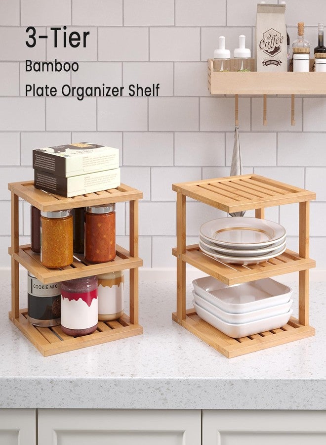 Danfoxer 2 Pack Bamboo Corner Shelf,3 Tier Kitchen Cabinet Organizer for Plates and Dishes,Pantry Storage and Spice Rack（Natural） - Image 2