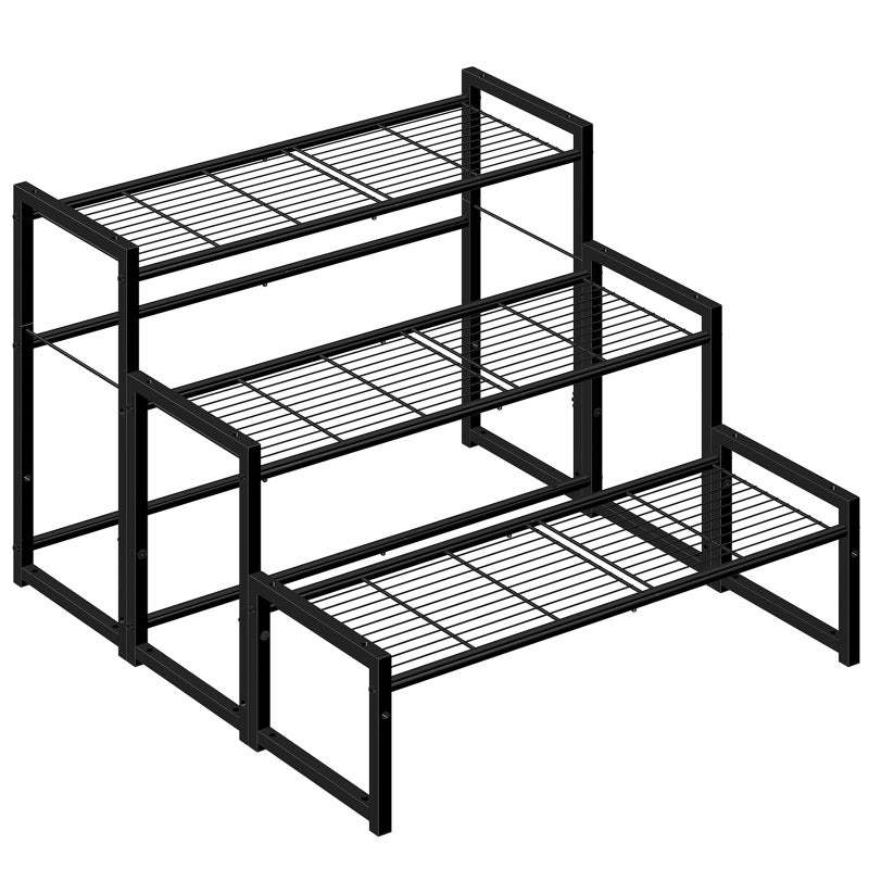 Simple Trending 3 Tier Metal Plant Stand Outdoor Indoor Waterproof Stackable Heavy Duty Tall Plant Shelf Flower Pot Holder for Garden Display Rack Black