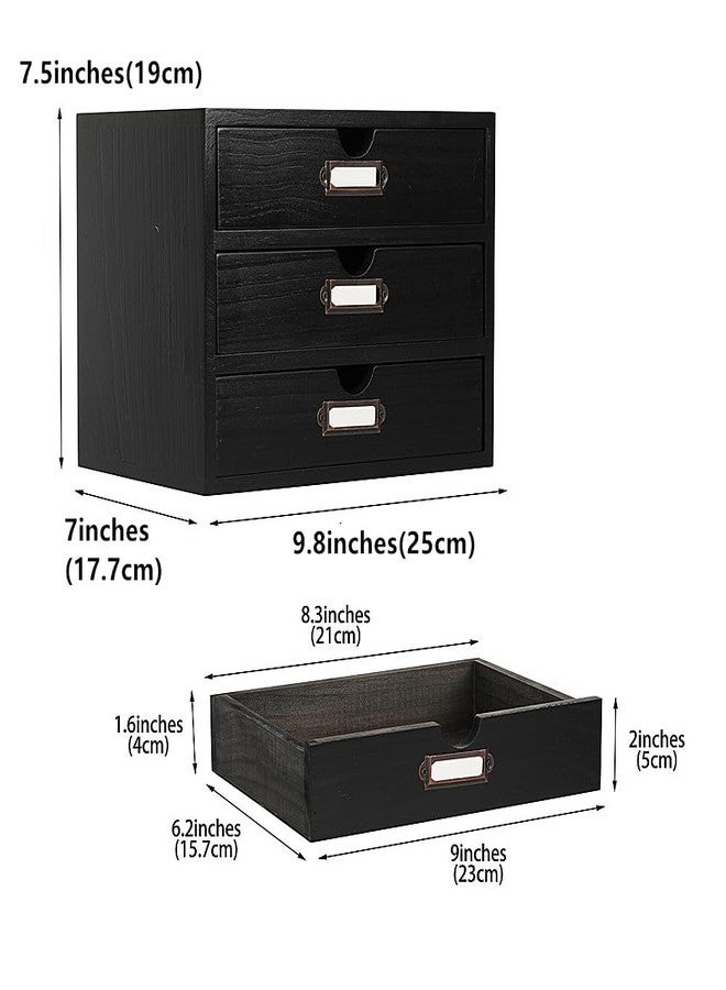 PACKGILO Wooden Storage Box Rustic Desktop Organizer with 3 Drawers Office Desk Accessories Shelf Small Craft Storage Containers Apothecary Cabinet and Chest Jewelry Holder for women(BLACK) - Image 3