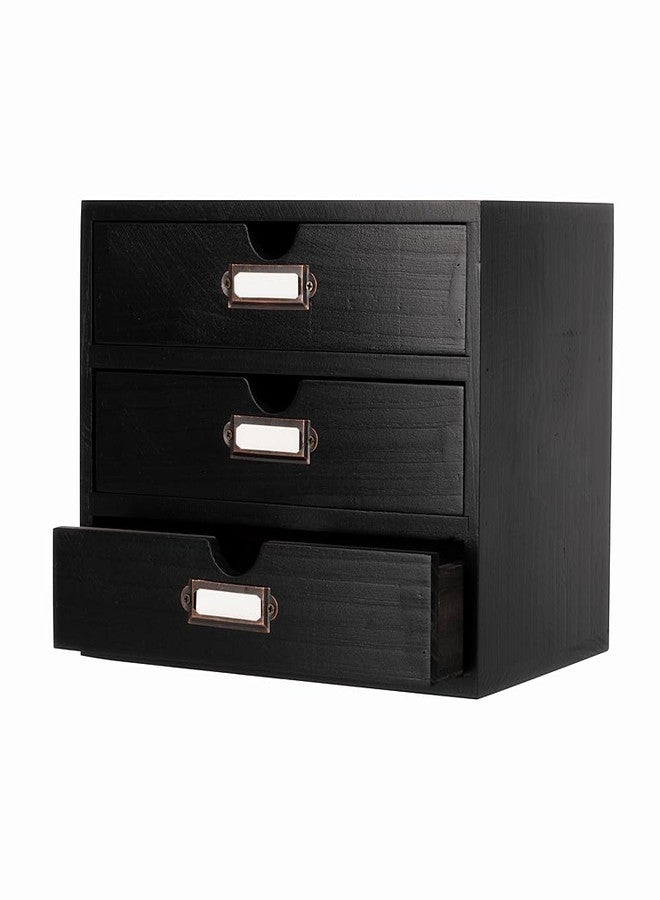 PACKGILO Wooden Storage Box Rustic Desktop Organizer with 3 Drawers Office Desk Accessories Shelf Small Craft Storage Containers Apothecary Cabinet and Chest Jewelry Holder for women(BLACK) - Image 1