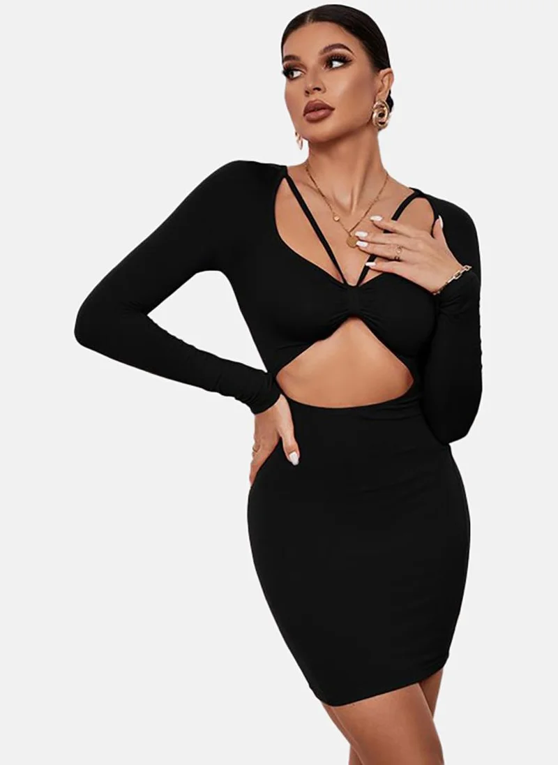 يونيكي Black Solid Long Sleeve Sweetheart Neck Mini Bodycon Dress