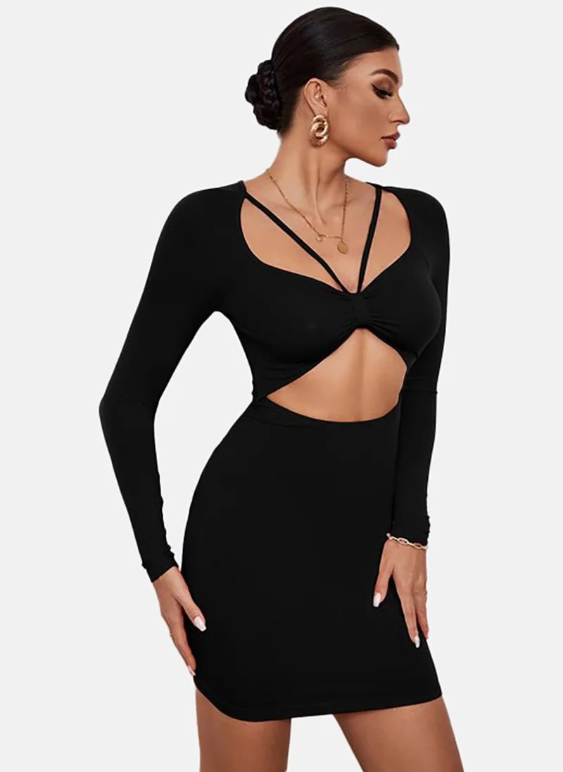 يونيكي Black Solid Long Sleeve Sweetheart Neck Mini Bodycon Dress