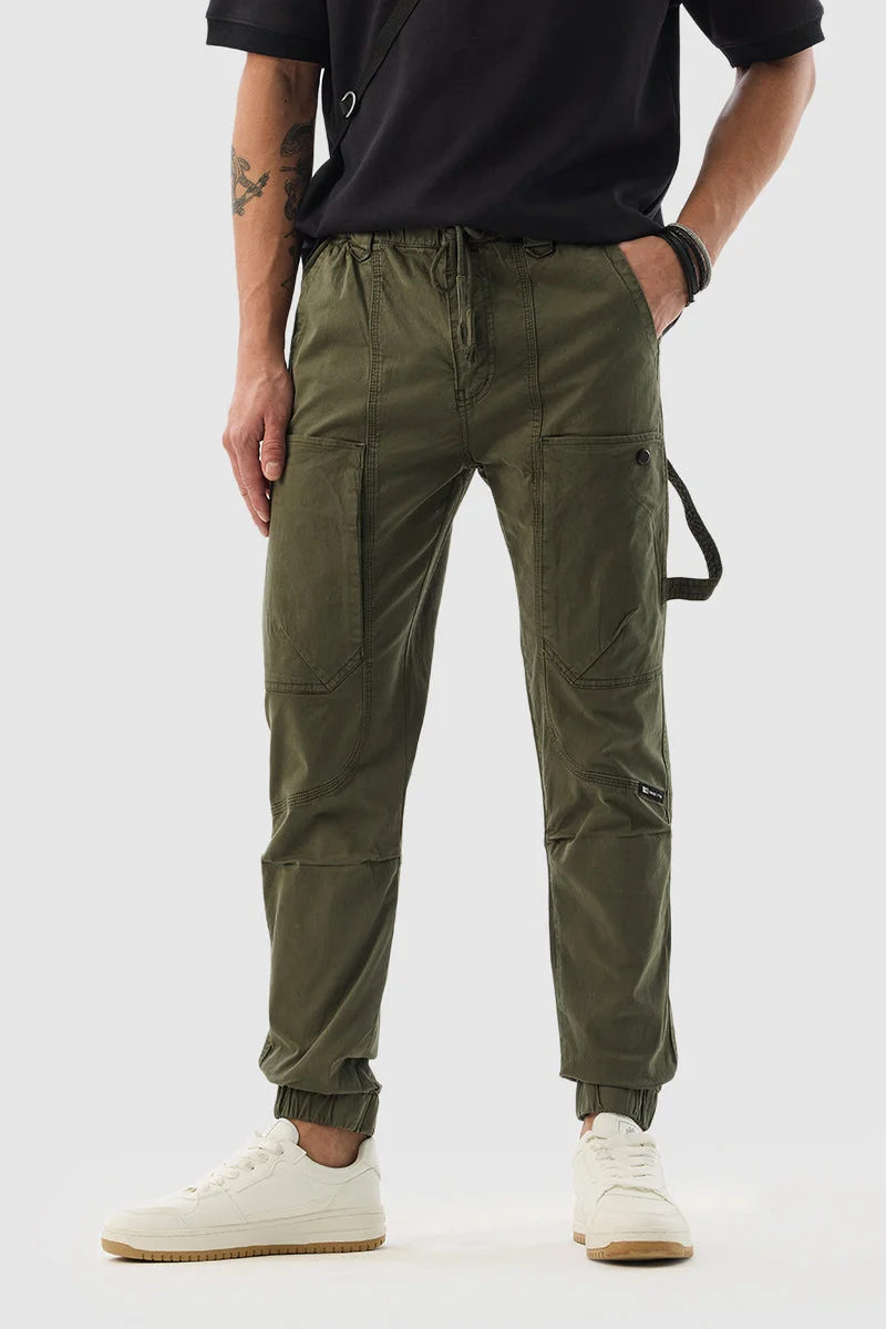SNITCH Olive Solid Slim Fit Casual Cargo
