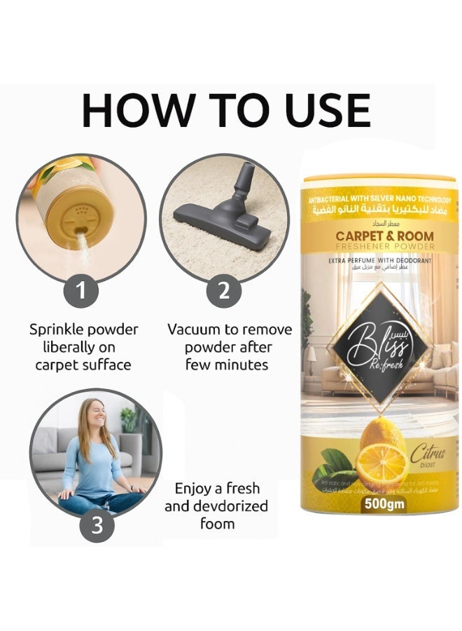 بليس بودرة مزيل روائح السجاد ومعطّر الغرف 500 غ | مزيل روائح قوي مع تقنية النانو الفضية | برائحة الحمضيات المنعشة - Image 2