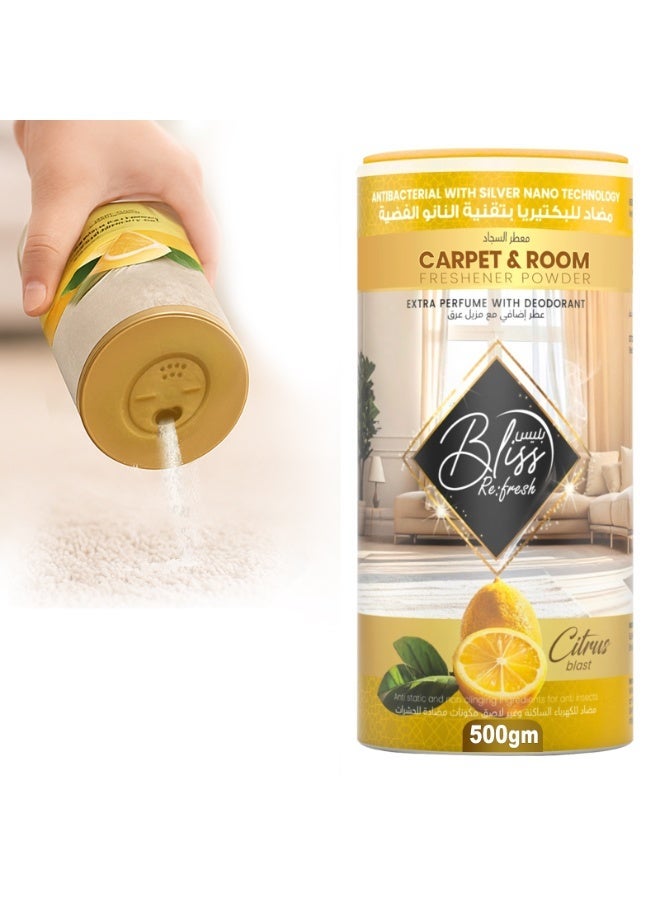 بليس بودرة مزيل روائح السجاد ومعطّر الغرف 500 غ | مزيل روائح قوي مع تقنية النانو الفضية | برائحة الحمضيات المنعشة - Image 1