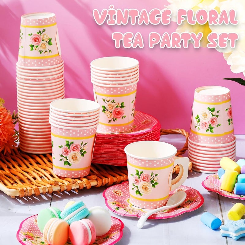 SiliFine 100 Pcs Tea Party Decorations Includes 50 7 oz Paper Tea Cups with Handle 50 Vintage Floral Plates Disposable Tea Cups and Saucers for Wedding Spring Party Birthday Hot Cold DrinksPink - Image 4