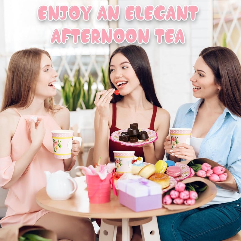 SiliFine 100 Pcs Tea Party Decorations Includes 50 7 oz Paper Tea Cups with Handle 50 Vintage Floral Plates Disposable Tea Cups and Saucers for Wedding Spring Party Birthday Hot Cold DrinksPink - Image 5