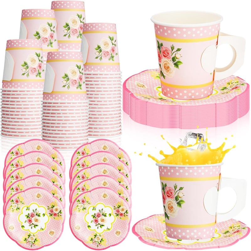 SiliFine 100 Pcs Tea Party Decorations Includes 50 7 oz Paper Tea Cups with Handle 50 Vintage Floral Plates Disposable Tea Cups and Saucers for Wedding Spring Party Birthday Hot Cold DrinksPink - Image 1