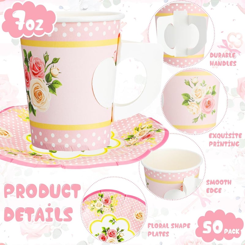 SiliFine 100 Pcs Tea Party Decorations Includes 50 7 oz Paper Tea Cups with Handle 50 Vintage Floral Plates Disposable Tea Cups and Saucers for Wedding Spring Party Birthday Hot Cold DrinksPink - Image 3
