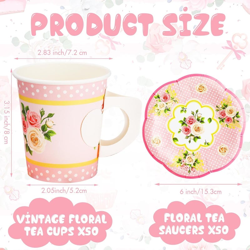 SiliFine 100 Pcs Tea Party Decorations Includes 50 7 oz Paper Tea Cups with Handle 50 Vintage Floral Plates Disposable Tea Cups and Saucers for Wedding Spring Party Birthday Hot Cold DrinksPink - Image 2