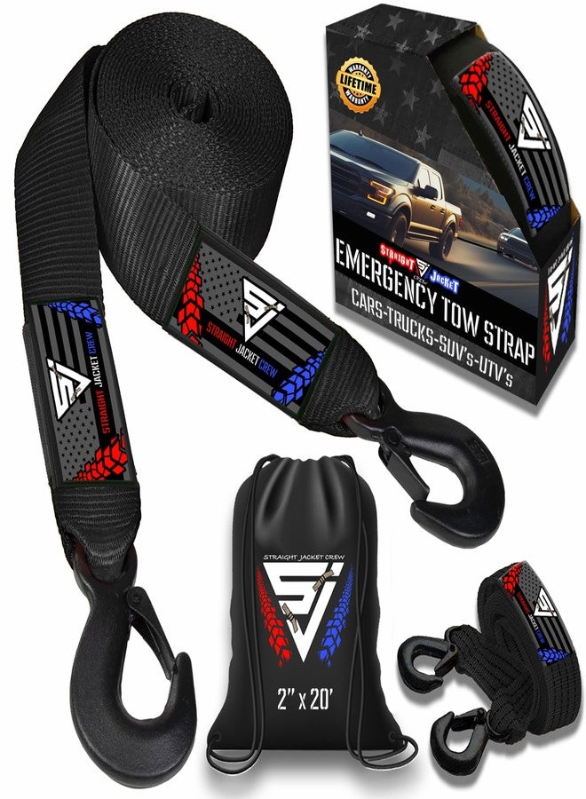 Straight Jacket Crew Heavy Duty 2-in x 20-ft Tow Strap with Forged Steel Hooks | 10,321 lb Break Strength | Sturdy Supplies for Emergency Vehicle Recovery | On-Road Use Only - Image 1