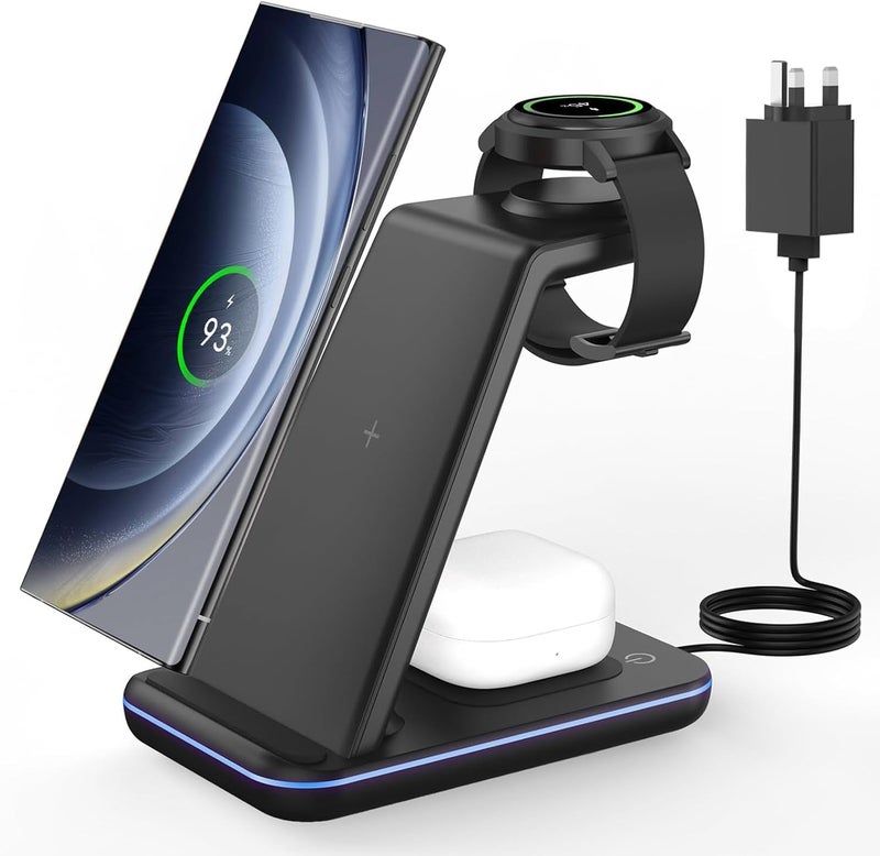 شاحن لاسلكي لسامسونج وأندرويد: محطة شحن 3 في 1 لساعة Galaxy Watch7 Pro/4/3/Active2/1 - حامل شحن الهاتف لـ S25/S24/S23Ultra/S22/S21/S20/Note 20، سلسلة Z Fold & Flip، Buds 3 Pro - Image 1