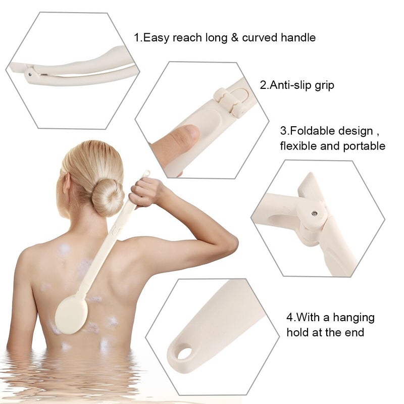 LFJ 19" Long Handle Shower Sponge Brush Set, 3 in 1 Body Brush, Bath Sponge and Lotion Applicator Improved Skin Health, Suitable for Men and Women (White Brush with pumice-1P) - Image 3